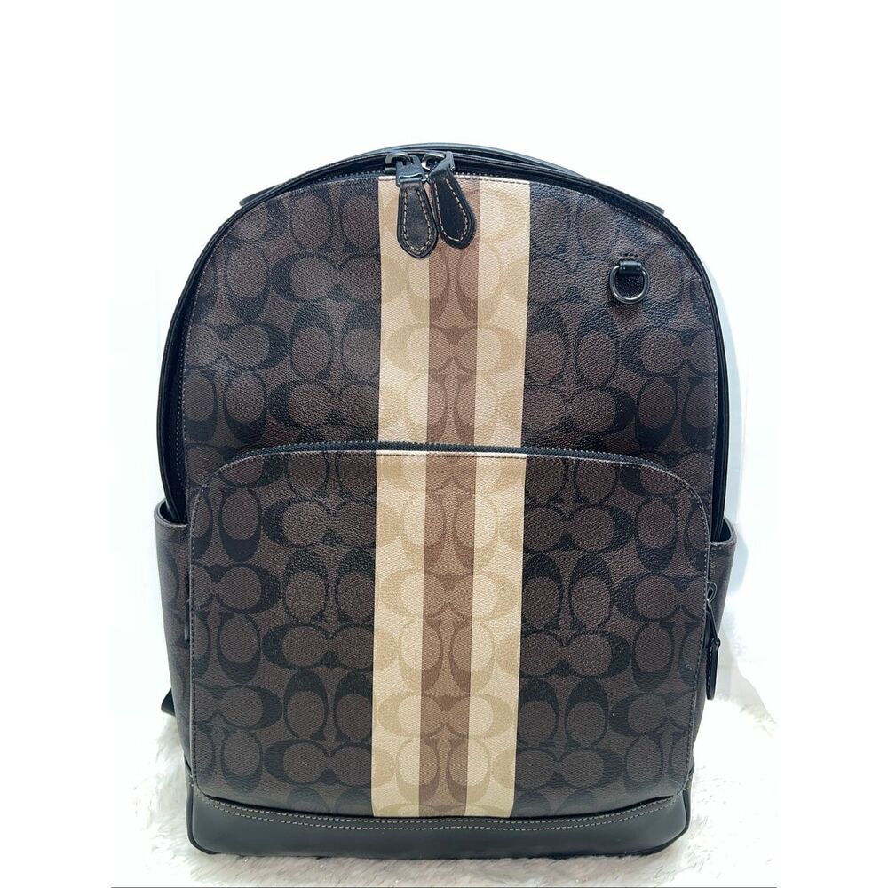 Coach Brown Signature Canvas Backpack with Tan Center Stripe